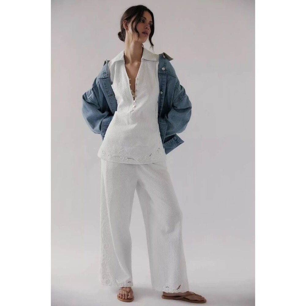 Free People Serafina 2 Piece Set XS Embroidered Top Wide Leg Pants NWT
